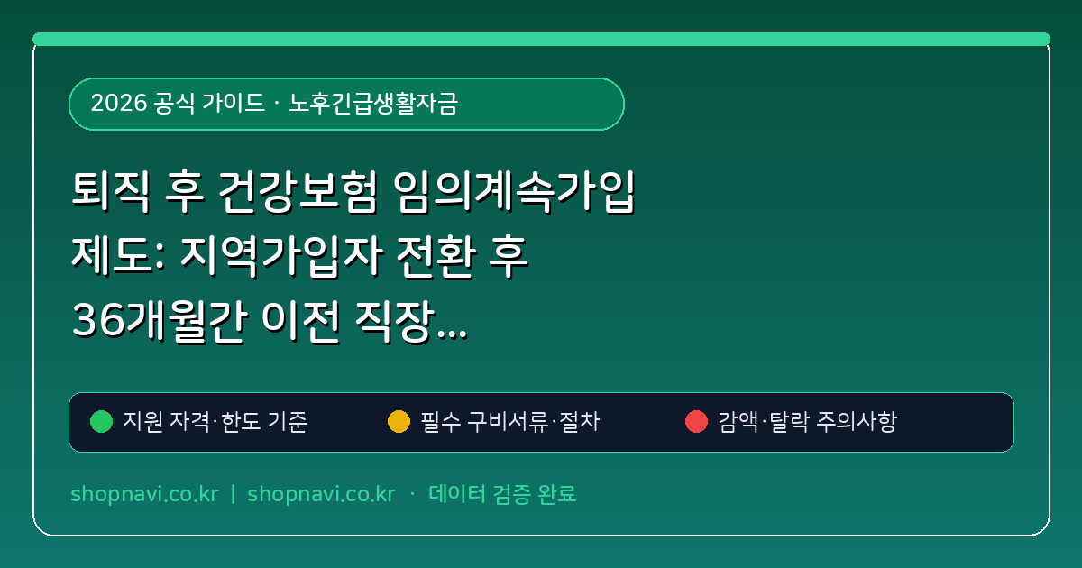 퇴직 후 건강보험 임의계속가입 제도: 지역가입자 전환 후 36개월간 이전 직장 건보료(50%)만 내는 신청 마감일
